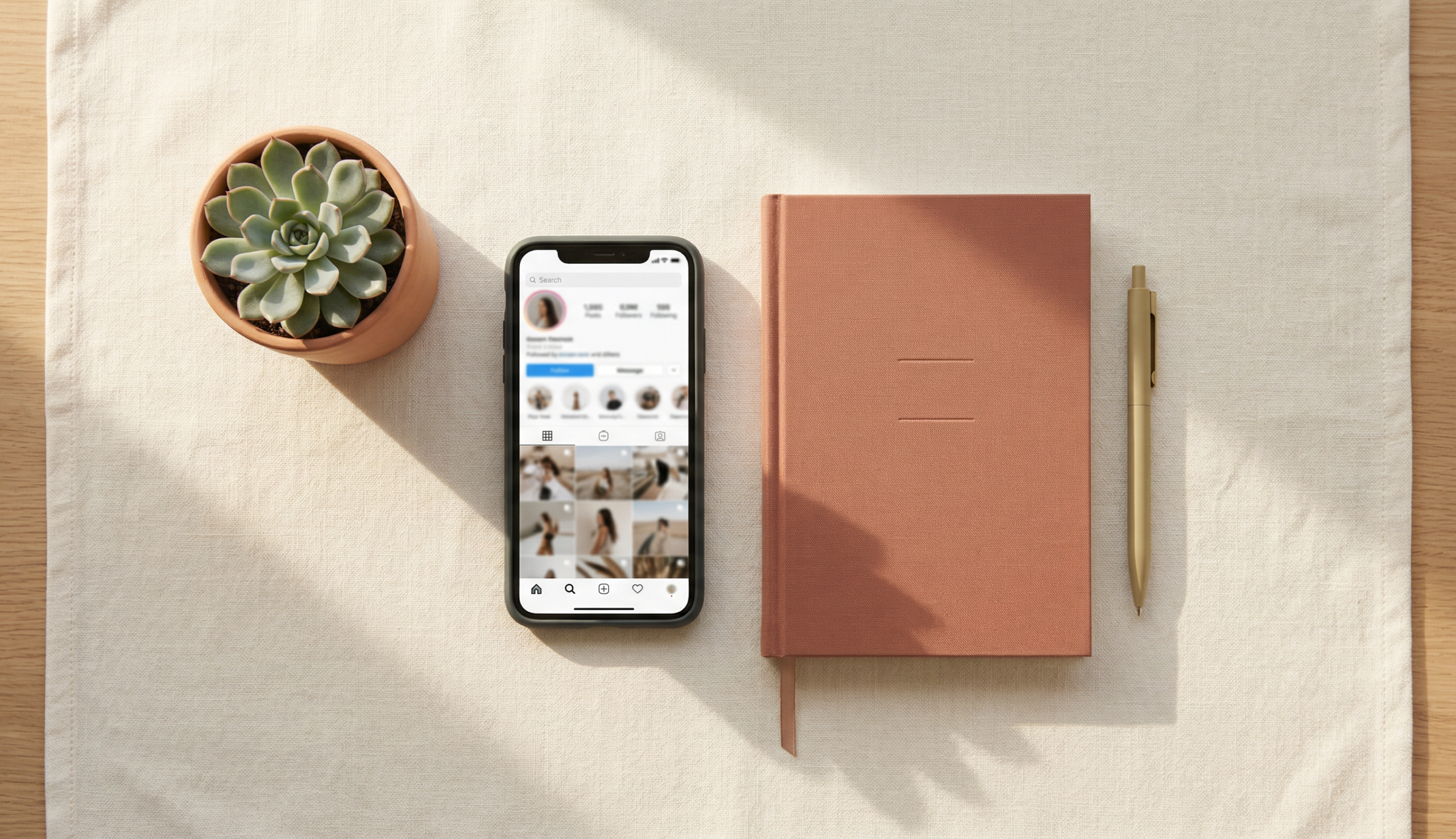 Minimal desk setup with smartphone showing social media search results, representing social search discovery