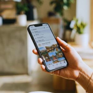 Person using Instagram search to discover a local brand on their smartphone